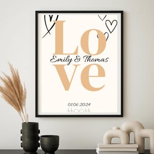 Póster de pareja personalizado – Diseño LOVE con nombres y fecha | Descarga digital e impresión | A4, A3, A2 | Arte de pared romántico para parejas