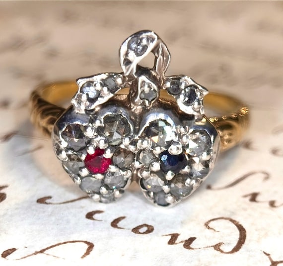 The Twin Flame ~ Sapphire & Ruby Twin Heart Ring