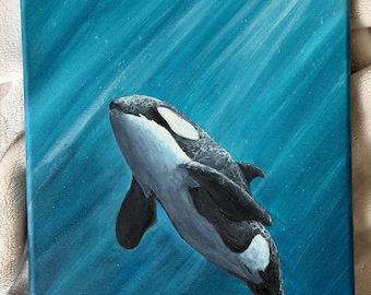 Original Orca Painting | 11x14 Acrylic Art | "Black, White & Deep Blue"