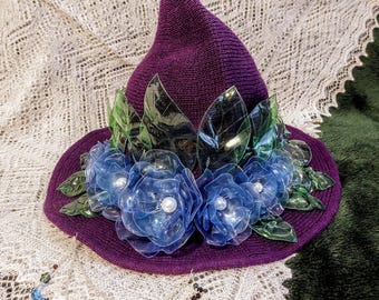 Light up Floral Witch Hat, glow in the dark flower hat, blue roses