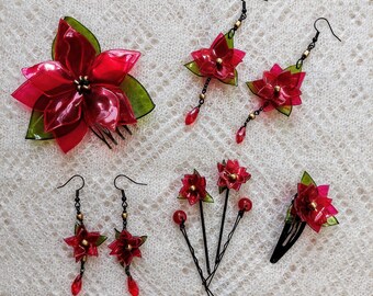Poinsettia Jewelry, Christmas Hair Accessories, Holiday earrings