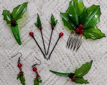 Holly Jewelry, Christmas Hair Accessories, Holiday earrings