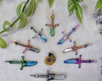 Wire Wrapped Crystal Point Sword Necklace Pendant