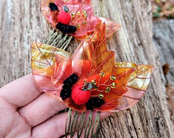 Autumn Leaf Hair Comb, Enameled Copper Wire, Recycled Plastic