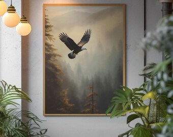 Bald eagle soaring Pacific Northwest oil painting, realistic nature art, fog valley landscape, dramatic light wildlife wall decor