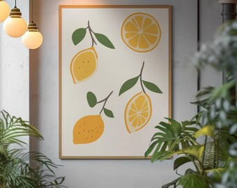 May include: A framed print with a white background and yellow lemons with green leaves. The lemons are in various stages of ripeness, some are whole and some are sliced in half.