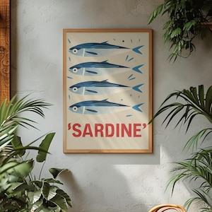 Minimalist Sardine Art Print – Modern Fish Wall Art Poster, 2D Abstract Coastal Kitchen Decor, Ocean-Inspired Painting