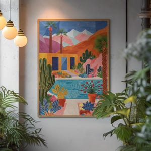 Palm Springs wall art, mid century modern pool print, retro desert poster, Hiroshi Nagai style, pastel travel home decor