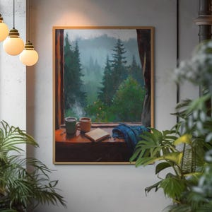 rainy window oil painting, cozy cabin wall art, pnw rainy day decor, rustic home print, 3:4 oil texture artwork, moody hygge art