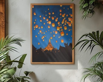 Chiang Mai Lantern Festival Oil Painting – Thai Night Sky (Digital Download)
