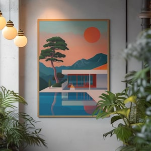 Hiroshi Nagai style print, Japanese poolside art, mid-century modern sunset, minimalist summer wall decor
