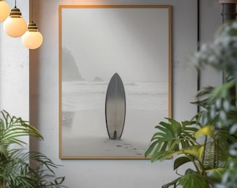 Minimalist Surfboard Poster, PNW Beach Wall Art, Foggy Coastal Print, Neutral Surf Decor, Vertical Ocean Art, Modern Beach Poster