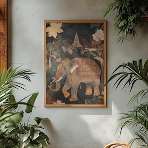 Thai Elephant Mural Poster – Traditional Temple Wall Art in Earthy Tones, Sacred Jungle Scene