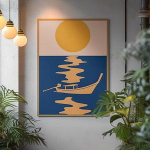 Pôster minimalista de barco tailandês de cauda longa, cena aquática tranquila, impressão artística com reflexo do sol, download digital na proporção 3:4, decoração de parede tailandesa