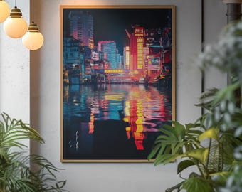Stampa notturna di Neon City: arte murale cyberpunk futuristica (download digitale)