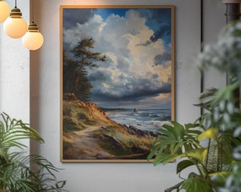 PNW storm oil painting, dramatic coastal wall art, stormy sea landscape print, moody nature decor, Oregon coast art