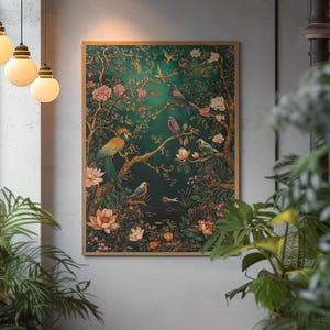 Thai Dschungel Wand Kunstdruck, bunte Vögel im exotischen Wald, lebendiges Thai Wandbild Poster, tropischer Lotus Teich, keine Menschen Naturszene