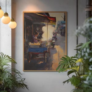 Authentiek Thais straatverkoperolieverfschilderij - openhartige kookscène bij Cart