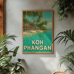 1950s Koh Phangan Travel Poster – Retro Thailand Beach Art, No Text, Vintage Style Print, Mid Century Decor, White Border