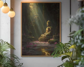 Dipinto a olio di Buddha dorato, scena di foresta mistica, stagno di loto (download digitale)