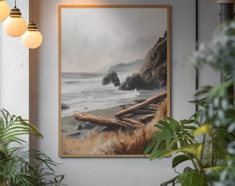 Oregon coast wall art, dramatic seascape print, moody PNW cliffs, crashing waves painting, coastal oil style decor