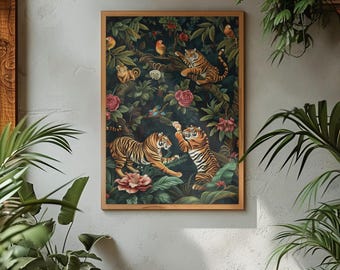 Impressão de mural de templo tailandês – Lótus, tigre, leão, linhas douradas (download digital)