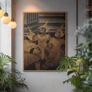Väggmålning av thailändsk krigare, guldrustning, tempelkonst (digital nedladdning)