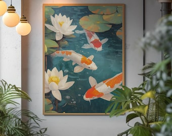 Lámina artística de estanque koi: loto, flor de cerezo, jardín zen (descarga digital)
