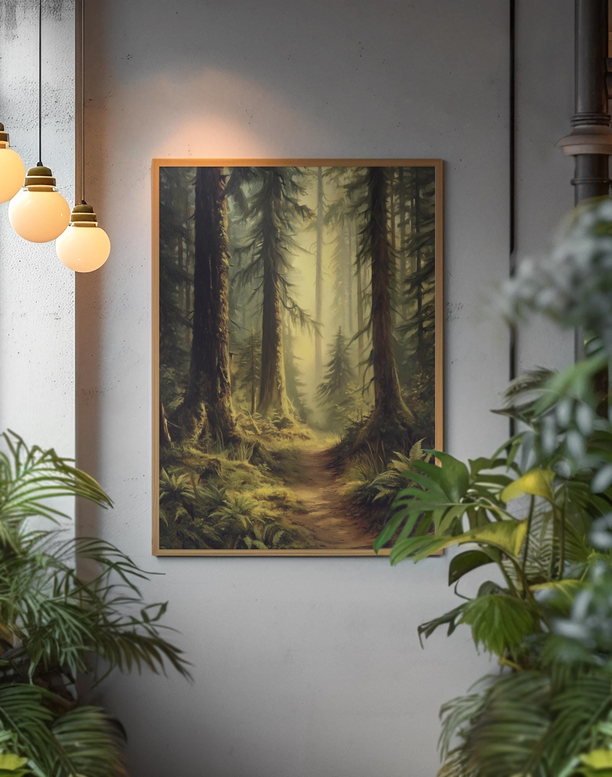 Misty forest wall art, oil painting style woodland print, mossy tree path decor, moody PNW nature scene