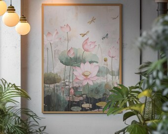 May include: A framed watercolor painting of pink lotus flowers, green lily pads, and dragonflies. The artwork has a soft, muted color palette and is set against a textured, off-white background. The painting is displayed in a room with hanging lights and plants.