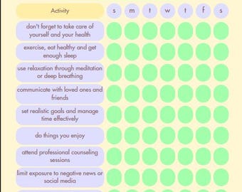 May include: A mental health checklist with the title at the top. The checklist includes activities like self-care, exercise, and relaxation. Each activity has a row of green circles for tracking daily progress. The word "week" is at the top, and "notes" at the bottom.