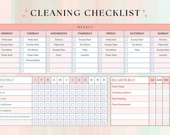 Könnte beinhalten: Eine rosa und weiße Reinigungscheckliste mit einem wöchentlichen, monatlichen und vierteljährlichen Abschnitt. Die Checkliste enthält Aufgaben wie Bett machen, Boden fegen, Geschirr spülen, Schreibtisch putzen und Staubsaugen.