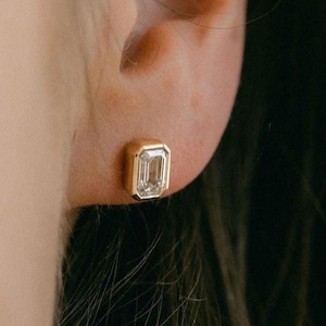 2 ctw Emerald Cut Moissanite Diamond Stud Earrings, 10K Yellow Gold Bezel Set Bride Studs, Gift for Wife, Mothers Day Gift, Wedding Earrings