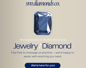 May include: Image features the text "svn diamonds co." and a blue emerald-cut diamond illustration. Below, the text reads "Jewelry / Diamond" and "We're here for you!" on a navy blue button. The background is a gradient of beige and light blue.