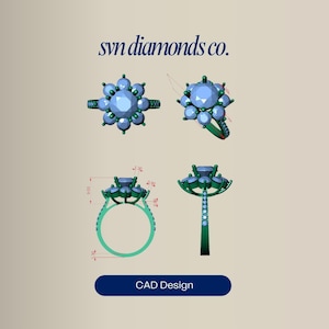 Puede incluir: Diseño CAD de un anillo con un diseño floral. El anillo presenta una gema grande de color azul claro rodeada de piedras más pequeñas. La banda y el engaste del anillo son verdes. El texto "svn diamonds co." está en la parte superior y "CAD Design" en la inferior.