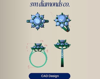 Può includere: Design CAD di un anello con un motivo floreale. L'anello presenta una grande gemma blu chiaro circondata da pietre più piccole. La fascia e l'incastonatura dell'anello sono verdi. Il testo "svn diamonds co." è in alto e "CAD Design" in basso.
