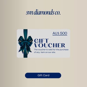 May include: A gift voucher with a teal bow and the text "GIFT VOUCHER". The voucher is white with the text "AU$ 500". The text "The voucher is valid for the purchase of any item on our site" is also present. The bottom of the voucher has a dark blue button that says "Gift Card".
