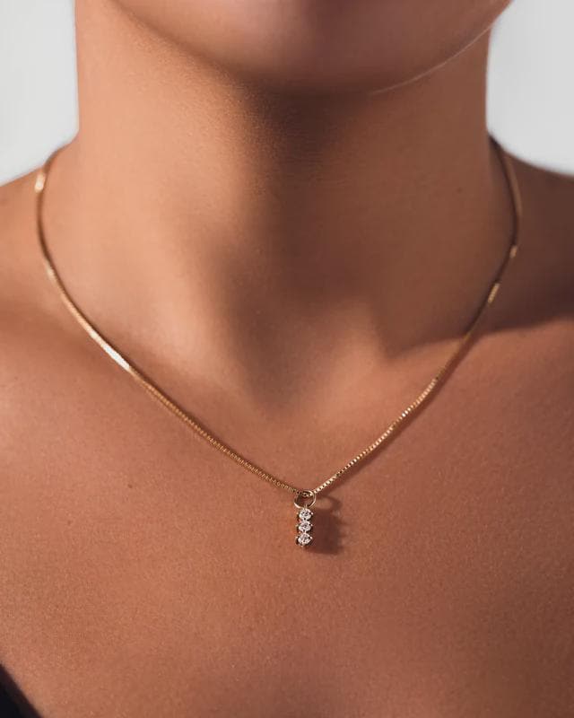 3 Stone Round Cut Moissanite Necklace, Simulated Diamond Necklaces For Women, Solid Gold Bridal Jewelry, Gift By Husband