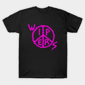 May include: Black t-shirt with a pink, distressed peace symbol and the word "WIPERS" around it. The design has a punk rock aesthetic. The shirt is made of a soft material.
