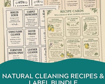 May include: A collection of printable recipe cards and labels for natural cleaning solutions. The design features a vintage aesthetic with botanical illustrations and handwritten fonts. Includes recipes for various cleaners.