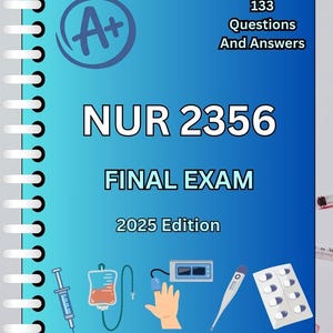 Könnte beinhalten: Ein spiralgebundenes Buch mit blauem Farbverlauf. Auf dem Cover steht "NUR 2356 FINAL EXAM 2025 Edition" und "133 Questions And Answers". Medizinische Illustrationen einer Spritze, eines IV-Beutels, eines Pulsoximeters, eines Thermometers und Pillen sind ebenfalls abgebildet.