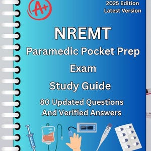 May include: A blue study guide titled "NREMT Paramedic Pocket Prep Exam Study Guide." The cover features the text "2025 Edition Latest Version" and includes medical illustrations of a syringe, IV bag, and other medical tools.