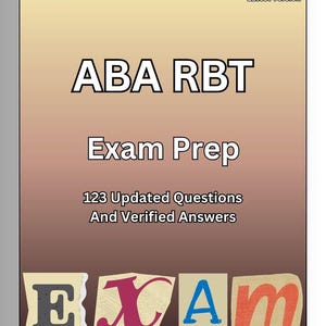 Może przedstawiać: Okładka książki z tytułem "ABA RBT Exam Prep" dużymi białymi literami. Okładka zawiera tekst "123 Zaktualizowane pytania i zweryfikowane odpowiedzi" oraz "Wydanie 2025 Najnowsza wersja". Słowo "EGZAMIN" jest wyświetlane w kolorowym, podartym stylu papieru.