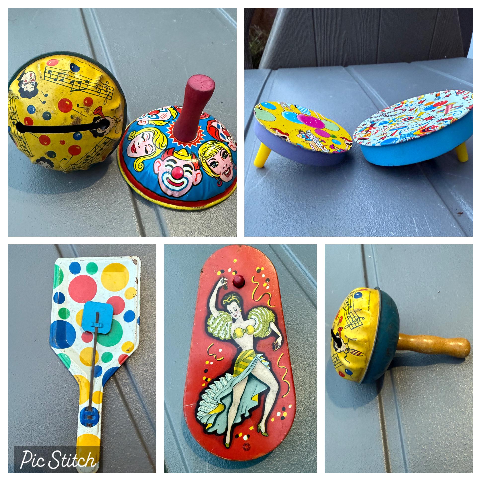 1940s Vintage Tin Toy Litho Noise Makers, Lot of 6, USA, New Years