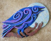 Raven Magnet or Wall Art Large 3D in Crazy Stripe Purple, Blue, Black, Silver and Wood Polymer Clay
