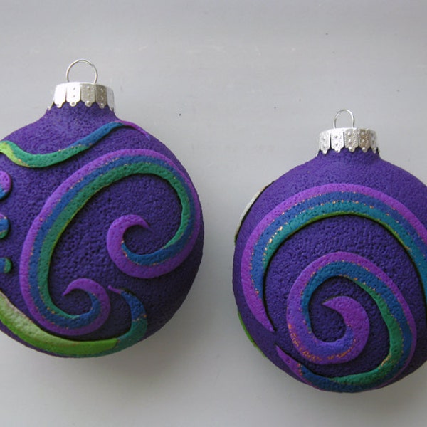 ONE LEFT Spiral Swirl Christmas Ornaments in Purple, Teal and Green Polymer Clay OOAK