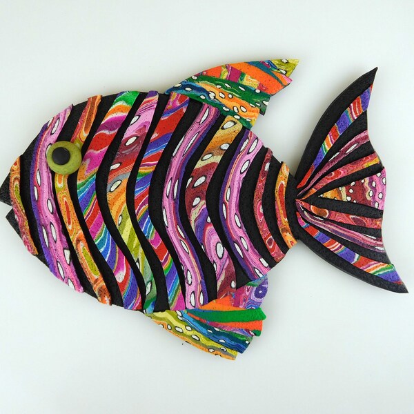 Crazy Stripe 3D Large Fish Magnet or Wall Art in Rainbow Polymer Clay