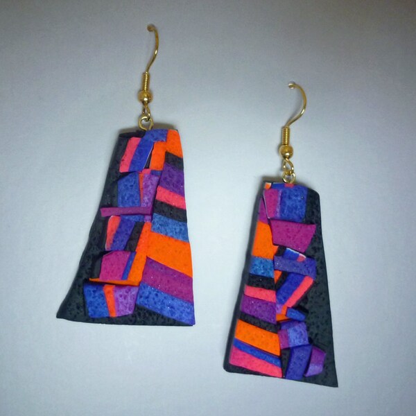 Brick Triangle Earrings in Polymer Clay Psychedelic Orange Pink Blue Purple