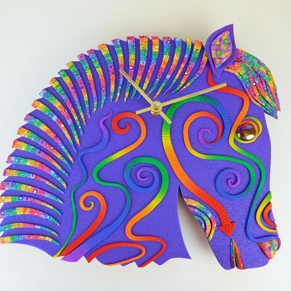 Horse Clock or Wall Art in Custom Colorful Polymer Clay