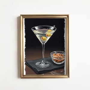 マティーニとアーモンドの油絵 | カクテルアート バーカートの装飾 | ユニークでミニマリスト | エレガントな油絵ギフト | トレンディなキッチンの壁